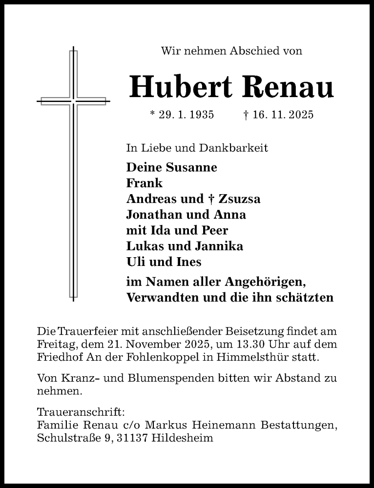 Traueranzeige für Hubert Renau vom 19.11.2025 aus Hildesheimer Allgemeine Zeitung