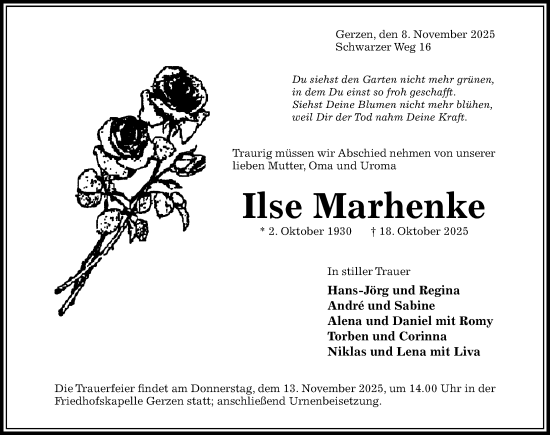 Traueranzeige von Ilse Marhenke von Hildesheimer Allgemeine Zeitung