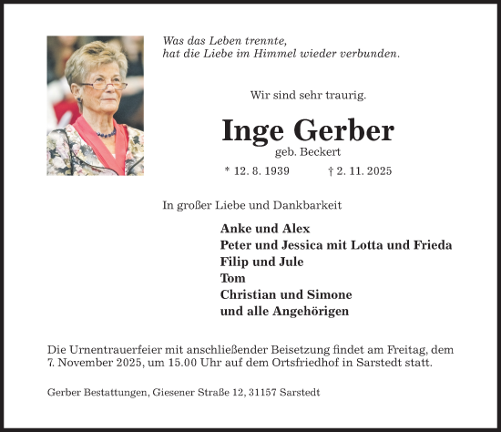 Traueranzeige von Inge Gerber von Hildesheimer Allgemeine Zeitung