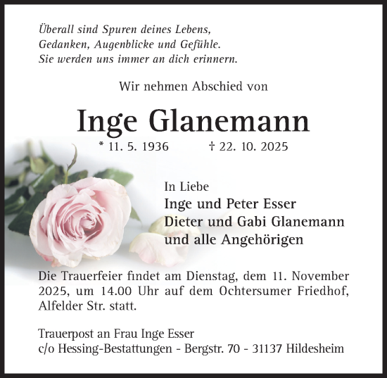 Traueranzeige von Inge Glanemann von Hildesheimer Allgemeine Zeitung