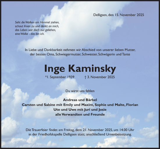 Traueranzeige von Inge Kaminsky von Hildesheimer Allgemeine Zeitung