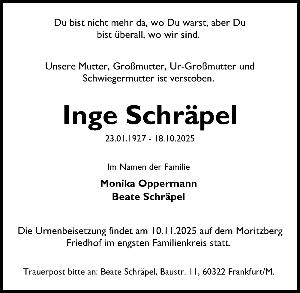  Traueranzeige für Inge Schräpel vom 05.11.2025 aus Hildesheimer Allgemeine Zeitung