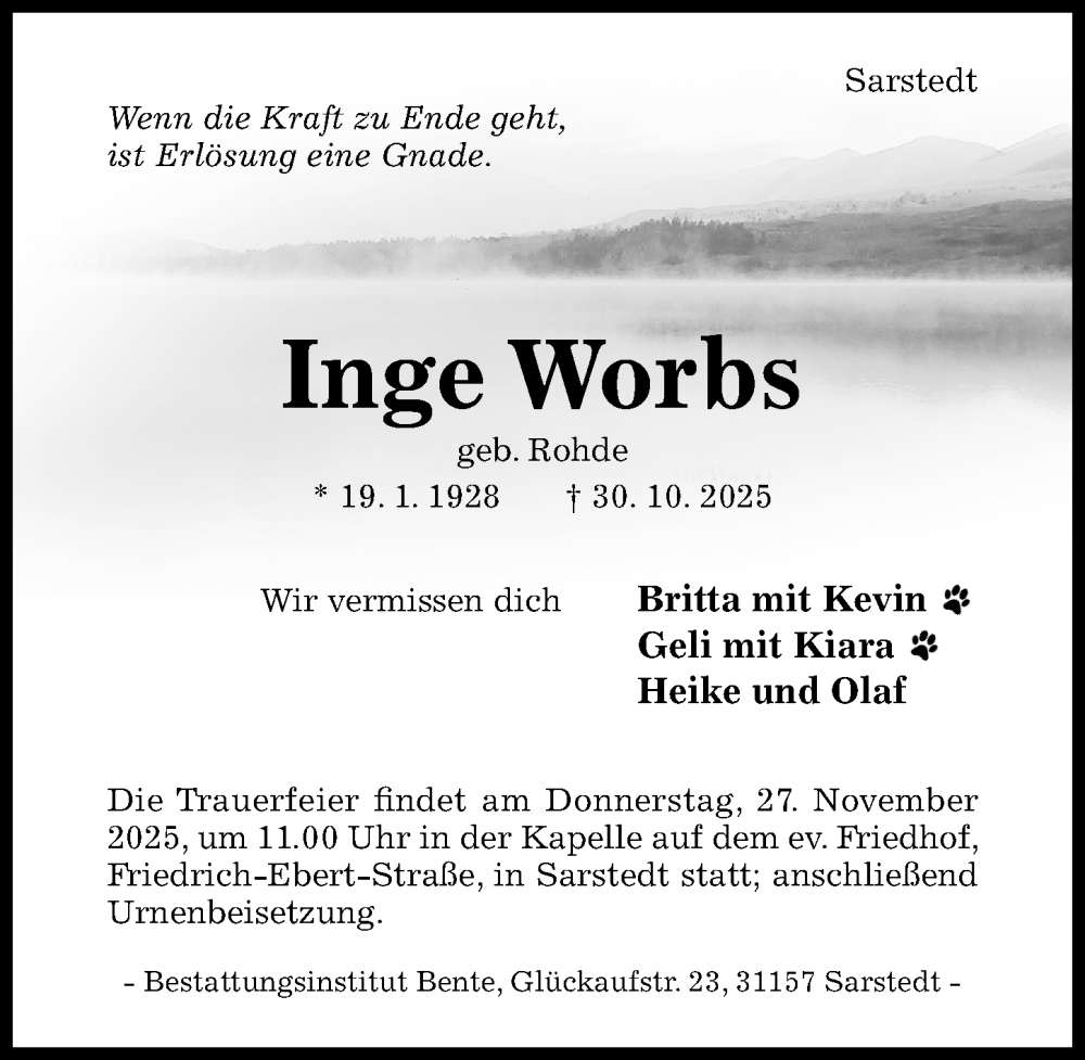  Traueranzeige für Inge Worbs vom 08.11.2025 aus Hildesheimer Allgemeine Zeitung