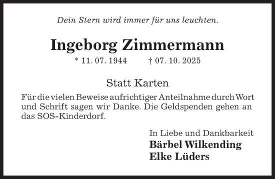 Traueranzeige von Ingeborg Zimmermann von Hildesheimer Allgemeine Zeitung