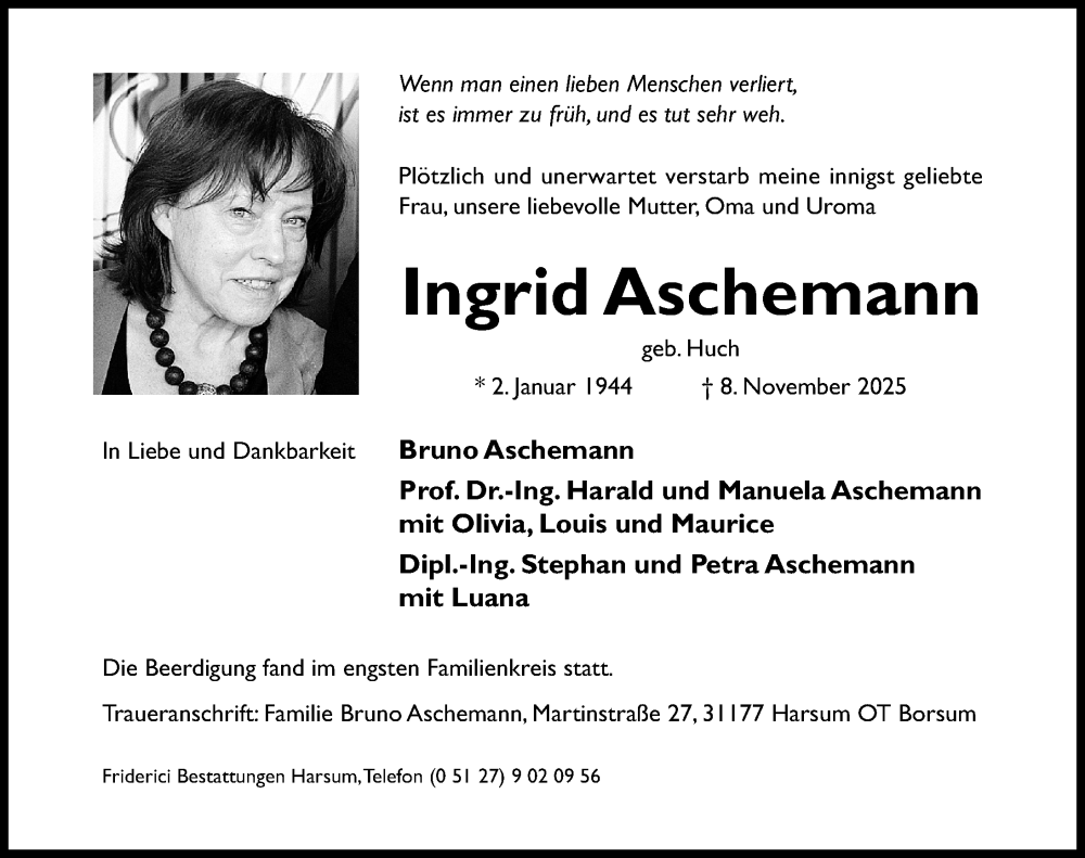  Traueranzeige für Ingrid Aschemann vom 15.11.2025 aus Hildesheimer Allgemeine Zeitung