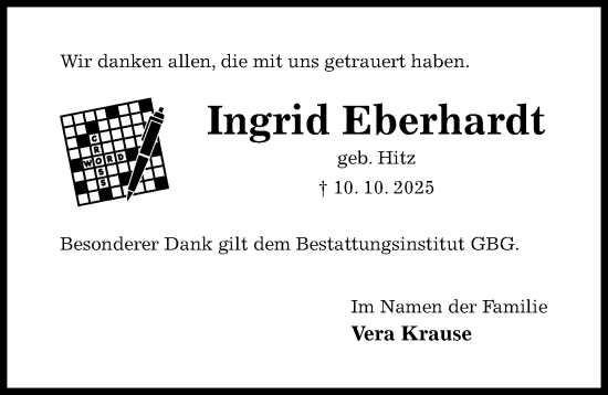 Traueranzeige von Ingrid Eberhardt von Hildesheimer Allgemeine Zeitung