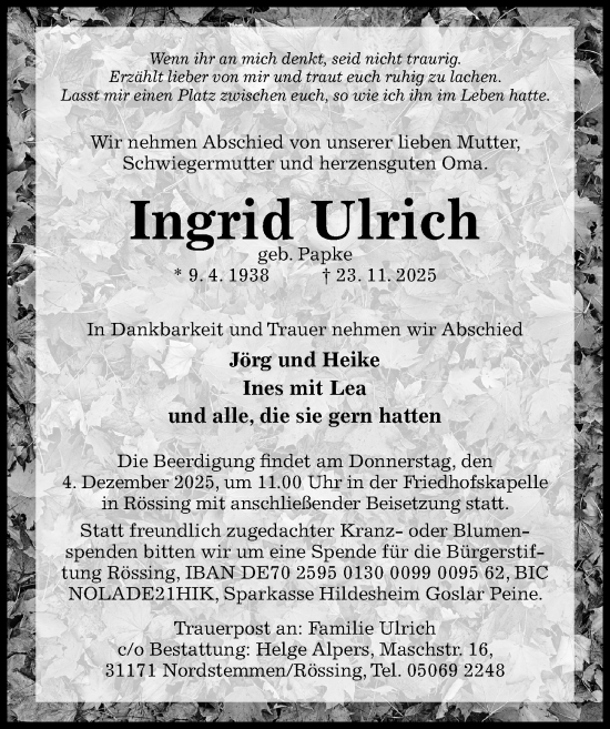 Traueranzeige von Ingrid Ulrich von Hildesheimer Allgemeine Zeitung