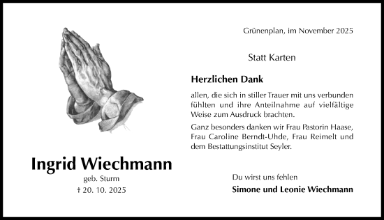Traueranzeige von Ingrid Wiechmann von Hildesheimer Allgemeine Zeitung