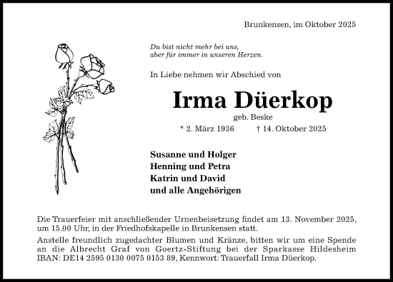 Traueranzeige von Irma Düerkop von Hildesheimer Allgemeine Zeitung