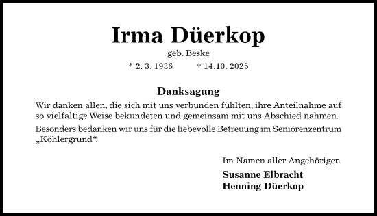 Traueranzeige von Irma Düerkop von Hildesheimer Allgemeine Zeitung