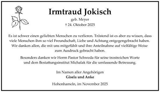 Traueranzeige von Irmtraud Jokisch von Hildesheimer Allgemeine Zeitung