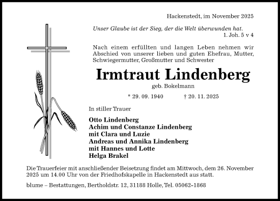 Traueranzeige von Irmtraut Lindenberg von Hildesheimer Allgemeine Zeitung