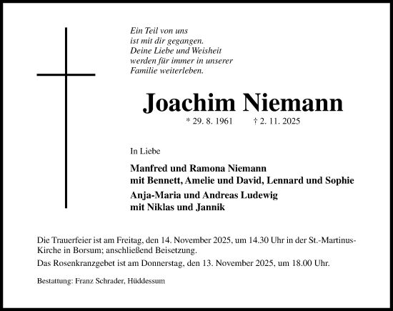 Traueranzeige von Joachim Niemann von Hildesheimer Allgemeine Zeitung