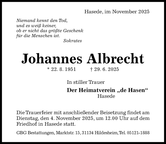 Traueranzeige von Johannes Albrecht von Hildesheimer Allgemeine Zeitung