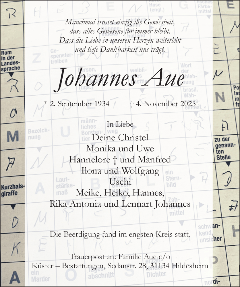  Traueranzeige für Johannes Aue vom 12.11.2025 aus Hildesheimer Allgemeine Zeitung