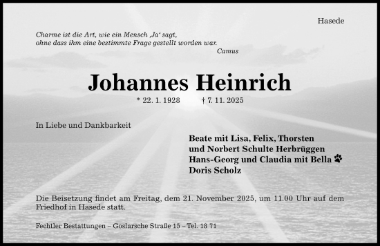 Traueranzeige von Johannes Heinrich von Hildesheimer Allgemeine Zeitung