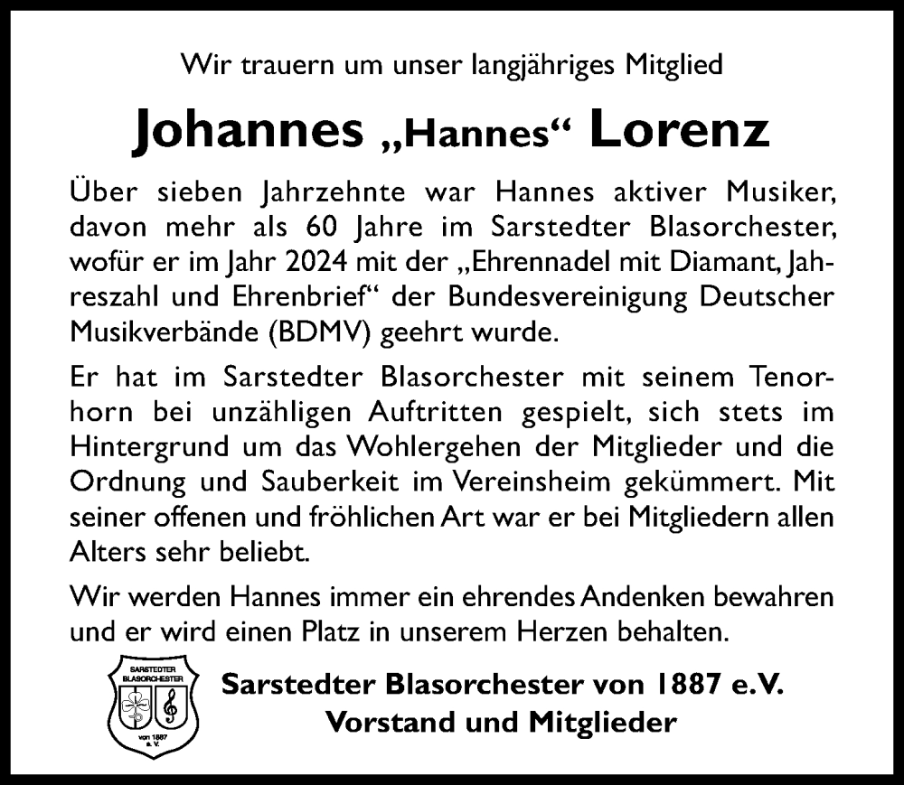 Traueranzeige für Johannes Lorenz vom 26.11.2025 aus Hildesheimer Allgemeine Zeitung