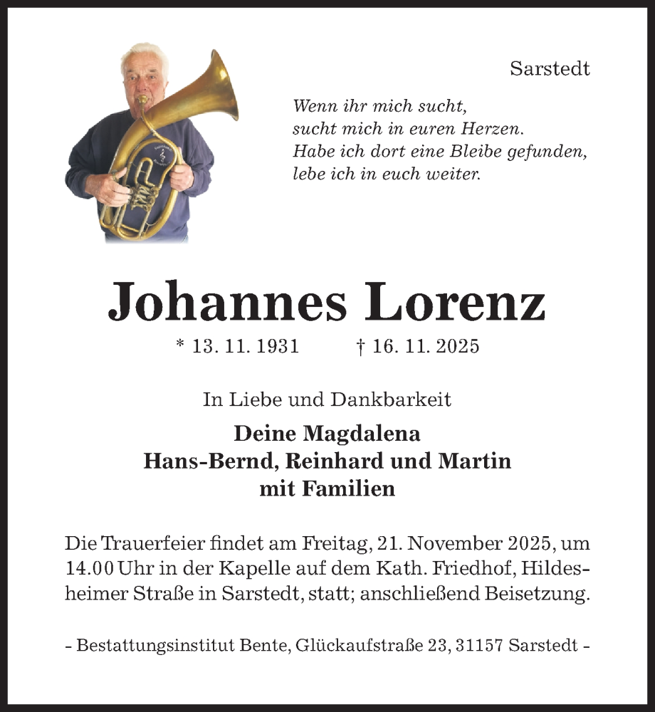  Traueranzeige für Johannes Lorenz vom 19.11.2025 aus Hildesheimer Allgemeine Zeitung