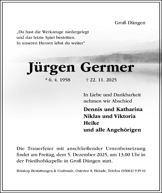 Traueranzeige von Jürgen Germer von Hildesheimer Allgemeine Zeitung