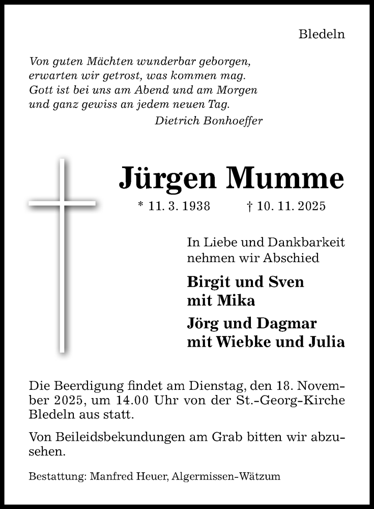  Traueranzeige für Jürgen Mumme vom 15.11.2025 aus Hildesheimer Allgemeine Zeitung