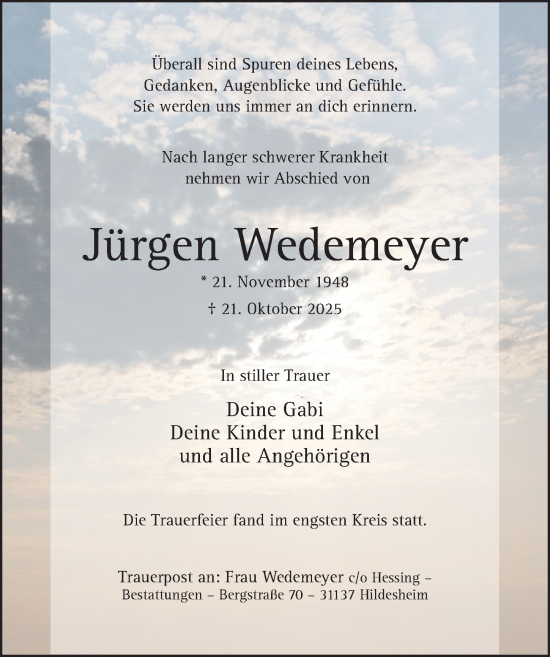 Traueranzeige von Jürgen Wedemeyer von Hildesheimer Allgemeine Zeitung