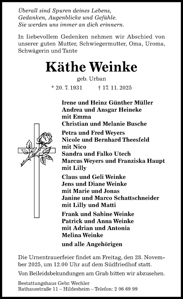  Traueranzeige für Käthe Weinke vom 22.11.2025 aus Hildesheimer Allgemeine Zeitung