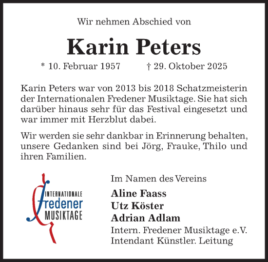 Traueranzeige von Karin Peters von Hildesheimer Allgemeine Zeitung