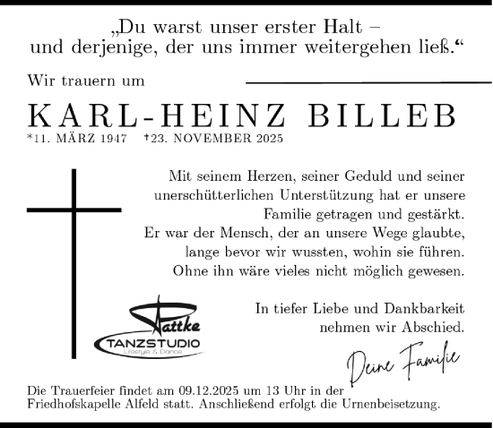 Traueranzeige von Karl-Heinz Billeb von Hildesheimer Allgemeine Zeitung