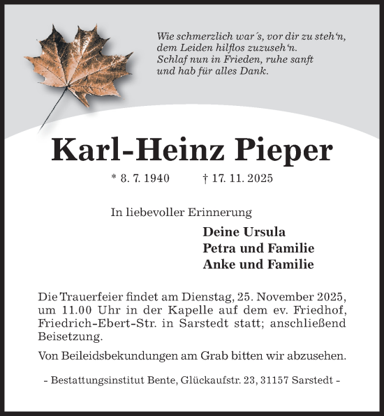 Traueranzeige von Karl-Heinz Pieper von Hildesheimer Allgemeine Zeitung
