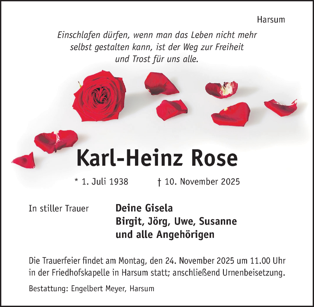  Traueranzeige für Karl-Heinz Rose vom 19.11.2025 aus Hildesheimer Allgemeine Zeitung