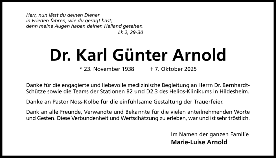 Traueranzeige von Karl Günter Arnold von Hildesheimer Allgemeine Zeitung