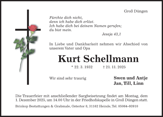 Traueranzeige von Kurt Schellmann von Hildesheimer Allgemeine Zeitung