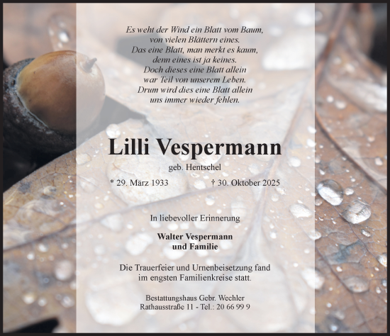 Traueranzeige von Lilli Vespermann von Hildesheimer Allgemeine Zeitung