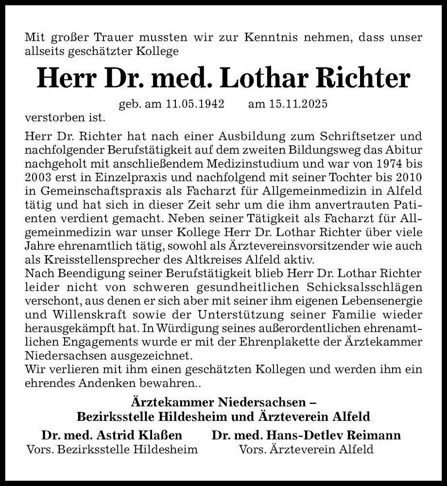 Traueranzeige für Lothar Richter vom 22.11.2025 aus Hildesheimer Allgemeine Zeitung