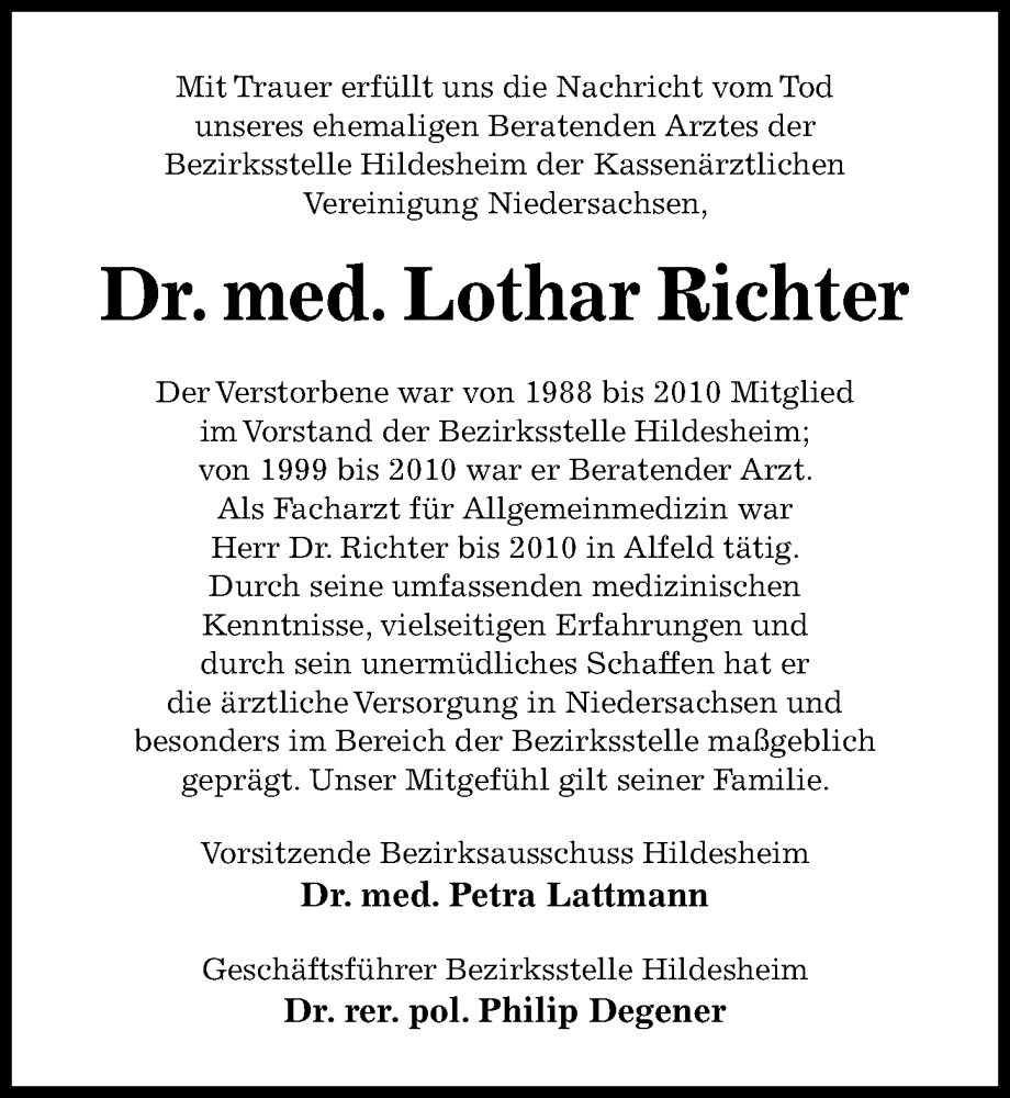  Traueranzeige für Lothar Richter vom 26.11.2025 aus Hildesheimer Allgemeine Zeitung