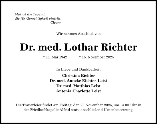 Traueranzeige von Lothar Richter von Hildesheimer Allgemeine Zeitung