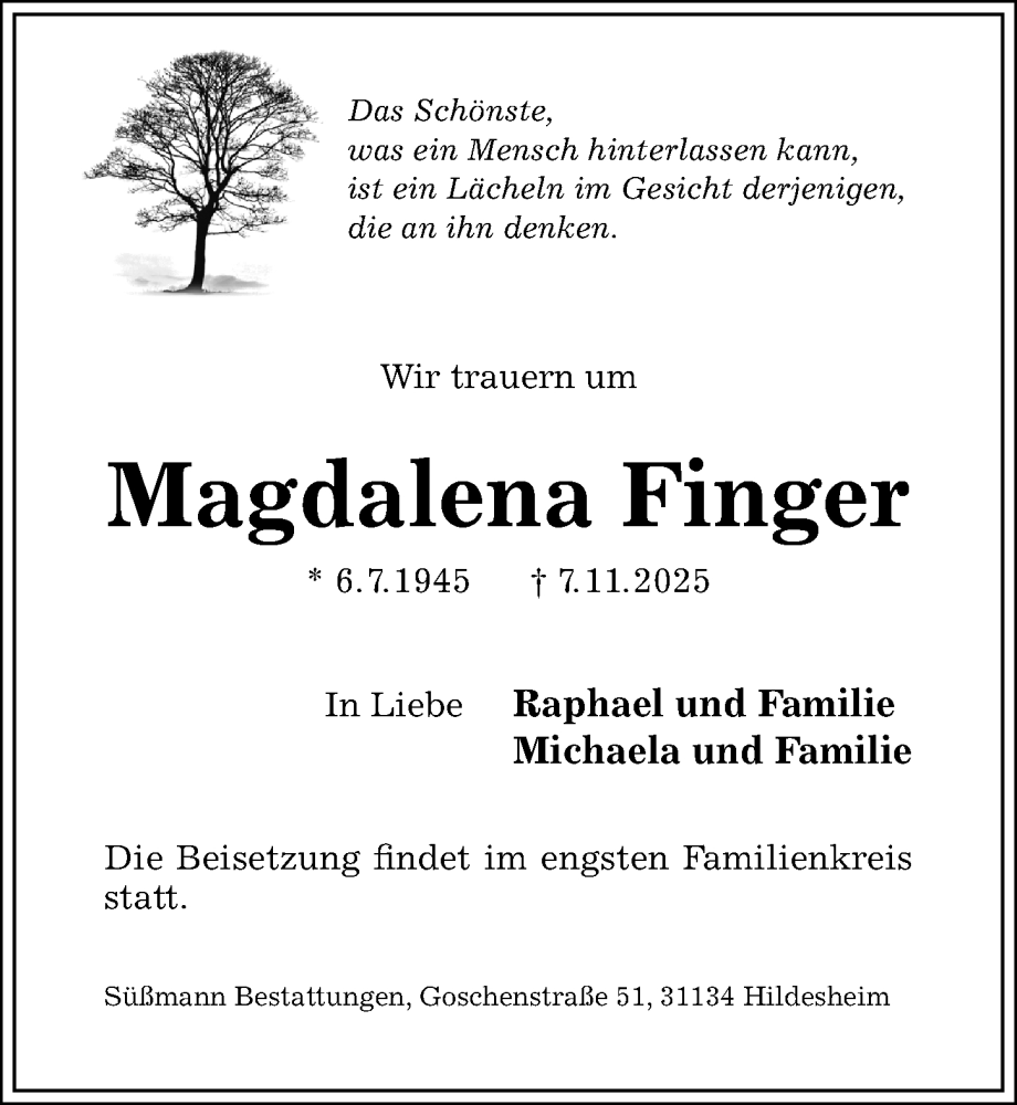  Traueranzeige für Magdalena Finger vom 12.11.2025 aus Hildesheimer Allgemeine Zeitung