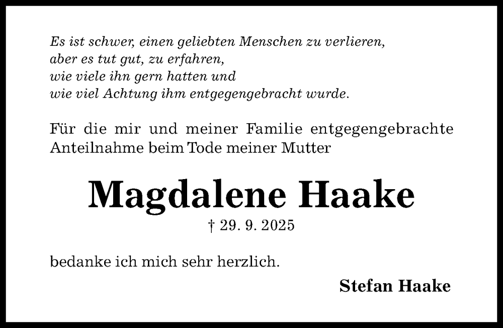  Traueranzeige für Magdalene Haake vom 01.11.2025 aus Hildesheimer Allgemeine Zeitung