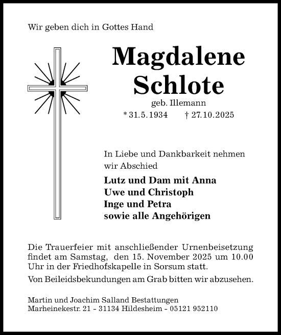 Traueranzeige von Magdalene Schlote von Hildesheimer Allgemeine Zeitung
