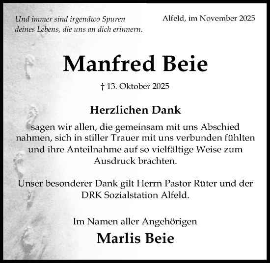 Traueranzeige von Manfred Beie von Hildesheimer Allgemeine Zeitung