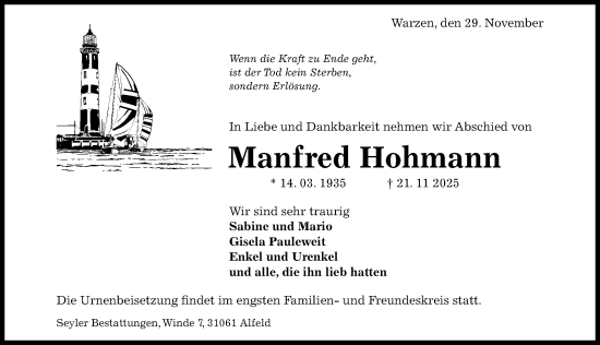 Traueranzeige von Manfred Hohmann von Hildesheimer Allgemeine Zeitung