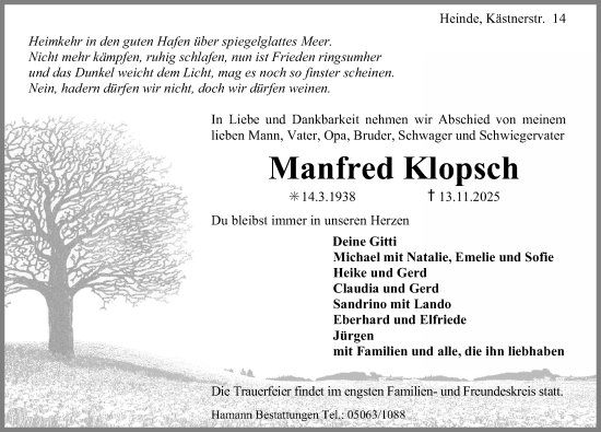 Traueranzeige von Manfred Klopsch von Hildesheimer Allgemeine Zeitung