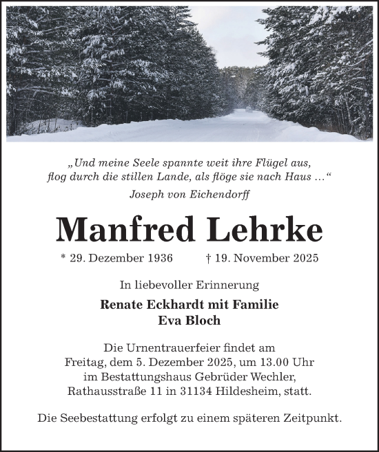Traueranzeige von Manfred Lehrke von Hildesheimer Allgemeine Zeitung