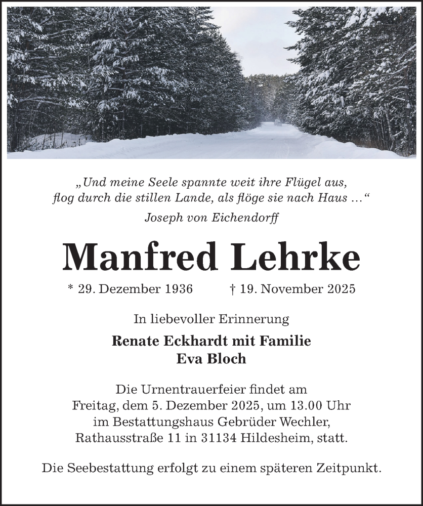  Traueranzeige für Manfred Lehrke vom 22.11.2025 aus Hildesheimer Allgemeine Zeitung
