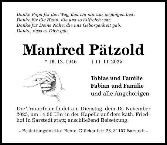 Traueranzeige von Manfred Pätzold von Hildesheimer Allgemeine Zeitung