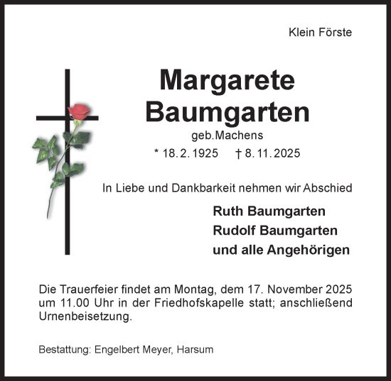 Traueranzeige von Margarete Baumgarten von Hildesheimer Allgemeine Zeitung