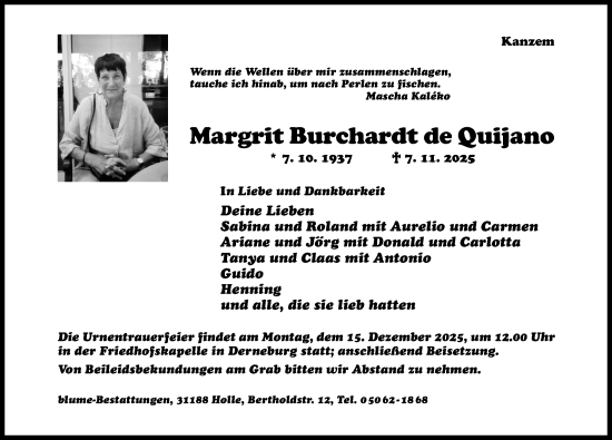 Traueranzeige von Margrit Burchardt de Quijano von Hildesheimer Allgemeine Zeitung