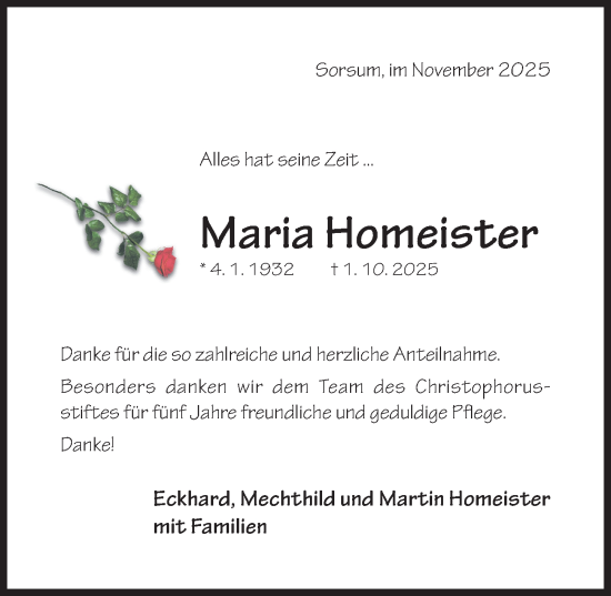 Traueranzeige von Maria Homeister von Hildesheimer Allgemeine Zeitung