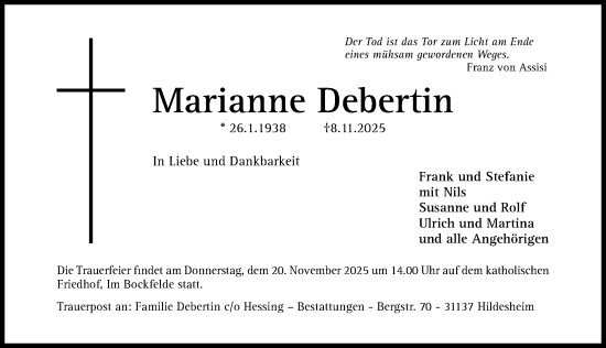 Traueranzeige von Marianne Debertin von Hildesheimer Allgemeine Zeitung