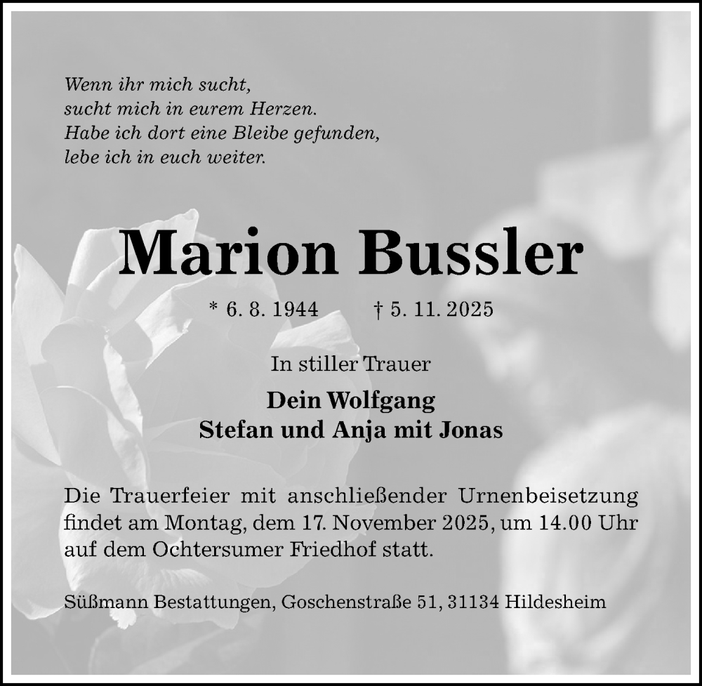  Traueranzeige für Marion Bussler vom 15.11.2025 aus Hildesheimer Allgemeine Zeitung